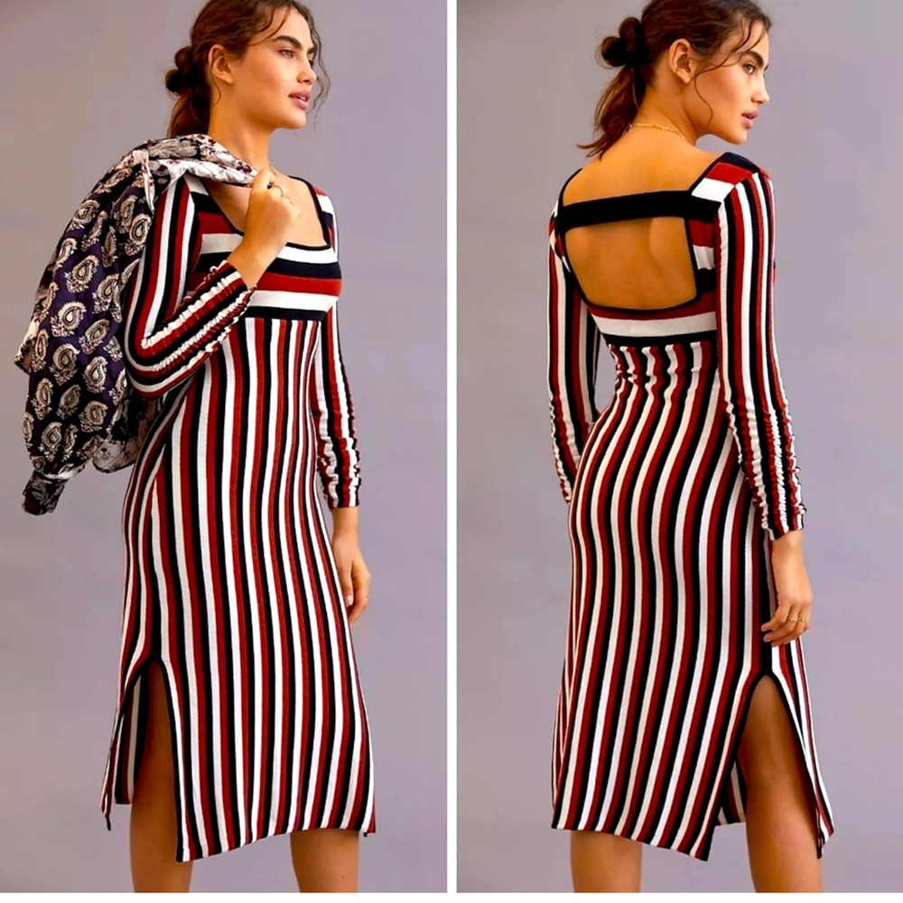 Anthropologie Striped Midi Dress - Red, Black, White
